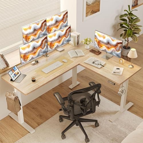 TIQLAB L Shaped Standing Desk Adjustable Height, Electric Corner Standing Desk, 63 x 55 inch Sit Stand Computer Table with Splice Board, Maple 5