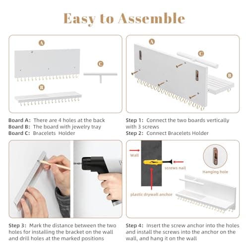 HappyHapi Hanging Jewelry Organizer Necklace Organizer Jewelry Hanger with 36 Hooks,Wall Mounted Jewelry Organizer for Necklace Earrings and Rings (White) 6