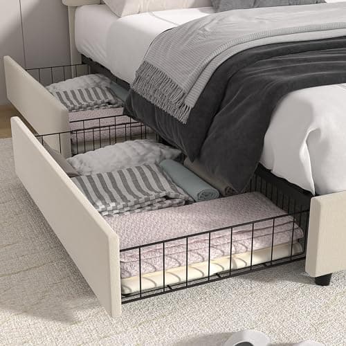VECELO Full Size Upholstered Bed Frame with 4 Drawers and Adjustable Headboard, Velvet Platform Storage Bedframe Mattress Foundation, Wooden Slats Support, No Box Spring Needed, Beige 5