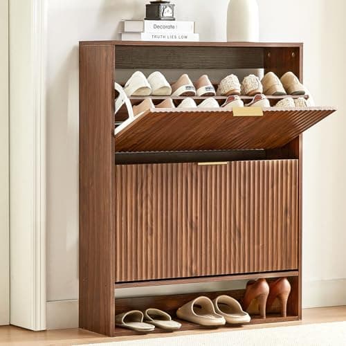 Unovivy 31.5''W Walnut Slim Shoe Cabinet, Fluted Modern Hidden Free Standing Shoe Rack Storage Organizer Cabinet with 2 Flip Drawers, Wood Mid Century for Entryway, Hallway