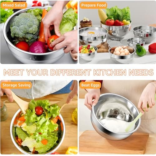 JSCARES Mixing Bowls with Colorful Airtight Lids, 6 Piece Stainless Steel Metal Bowls with 3 Grater Attachments, Size 4.5, 3.5, 2.1, 1.5, 1.1, 0.7 QT 6