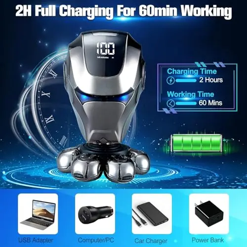 Head Shaver for Bald Men, 6 in 1 Floating Head Razor with Nose Hair, Sideburns Trimmer, Face Brush, Upgrade 7D Electric Razor for Men with Type-C Charger, LED Display & Waterproof 6