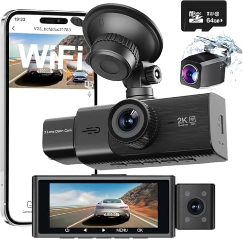 3 Channel Dash Cam, HD Dash Camera for Cars, 2.5K+1080P+1080P Front Inside and Rear Triple Car Camera, Built-in WiFi, IR Night Vision, Loop Recording, G-Sensor, 24 Hours Parking Mode, Free 64GB Card