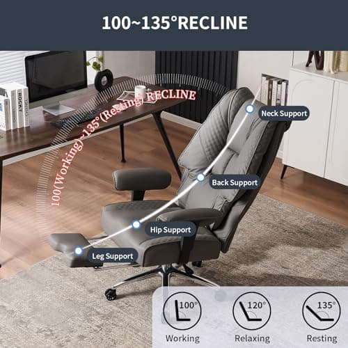 EXCEBET Big and Tall Office Chair 400lbs Wide Seat, Leather High Back Executive Office Chair with Foot Rest, Ergonomic Chairs Lumbar Support for Lower Back Pain Relief (Grey) 5
