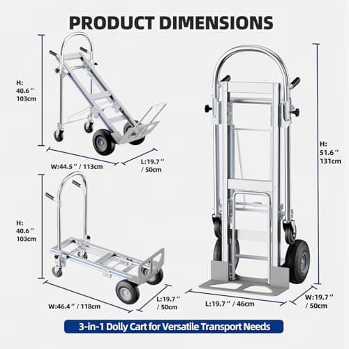 Hand Trucks Heavy Duty Aluminum Dolly Cart, 3 in 1 Design 1000 Lbs Capacity with Solid Wheels - Foldable, Portable, Ergonomic Handle, Perfect for Construction, Warehouses, Factories, Indoor & Outdoor 4