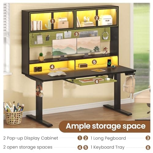 SEDETA Electric Standing Desk with Storage, Gaming Desk with Hutch and Pegboard, Sit Stand Up Desk with Led Lights, Power Outlet, Monitor Shelf, Keyboard Tray for Home Office, Black 9