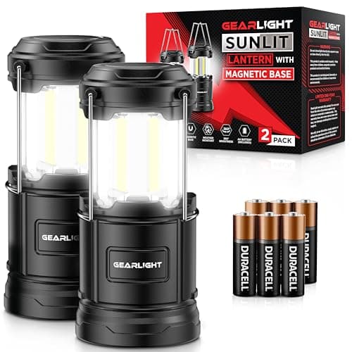 GearLight Camping Lantern - 2 Portable LED Battery Powered Lantern with Magnetic Base and Foldable Hook for Emergency Use or Campsites, Essential Hurricane Survival Kit with Batteries - Black