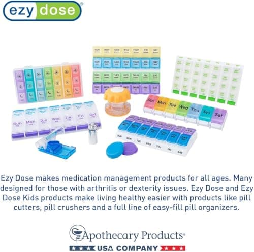 EZY DOSE Push Button (7-Day) Pill Case, Medicine Planner, Daily Vitamin Organizer, 2 Times a Day AM/PM, X-Large Compartments, Arthritis Friendly, Easy to use, Clear Lids, Purple and Blue, BPA Free 8