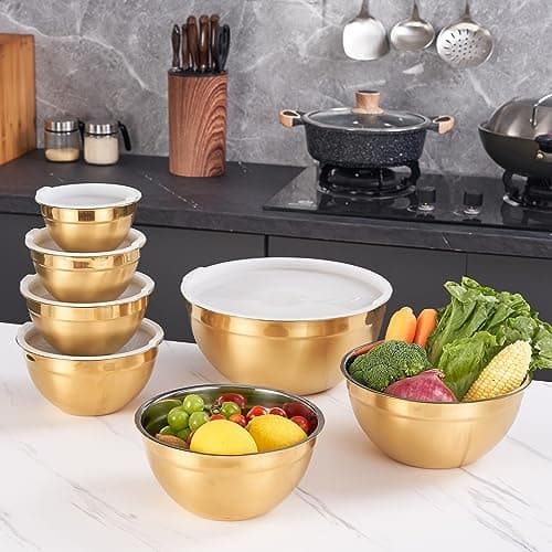 Moxinox Gold Mixing Bowls with Airtight Lids, Stainless Steel Nesting Mixing Bowls Set of 7, Ideal for Baking, Prepping and Serving Food, Size 7, 3.6, 2.7, 2.1, 1.5, 1.1,0.8 QT, Stackable Design 7