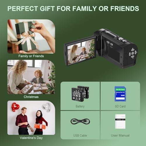 VENOPTIX 2.7K Video Camera Camcorder QHD 50MP YouTube Vlogging Camera 16X Digital Zoom Webcam 270 Degree Rotation Screen Camcorders with 32G SD Card and 2 Batteries Recording While Charging 7