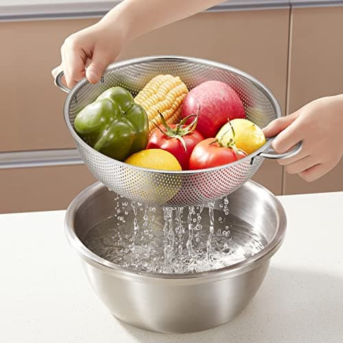 E-far Stainless Steel Colander Set of 3 (1-3-5Quart), Micro-Perforated Metal Colander Strainer with Handle for Kitchen/Draining Pasta/Rinsing Vegetables Fruits, Heavy Duty & Dishwasher Safe 7