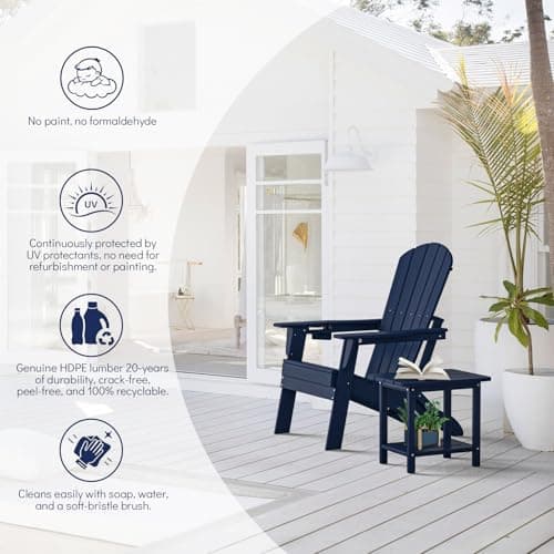 Plawdlik Folding Adirondack Chair, SGS Tested, Wooden Textured with Cup Holder, Heavy All-Weather HDPE Comfortable Set Poolside Backyard Lawn Navy Blue 5