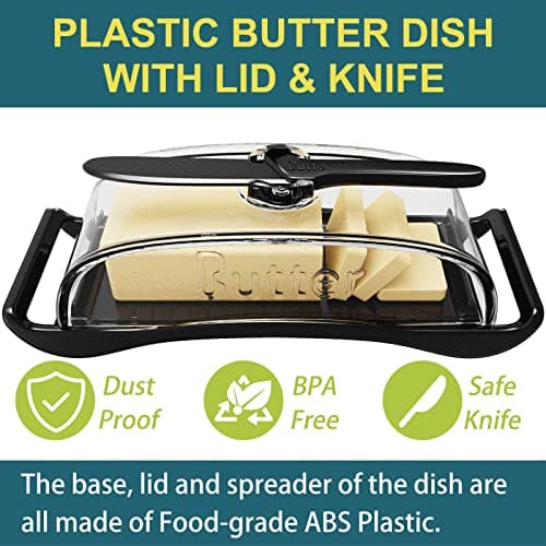 Plastic Butter Dish with Lid and Knife - BPA-Free Butter Tray Container for Countertop,Black Butter Dish for Refrigerator, Camping or Travel, Dishwasher & Freezer Safe 2