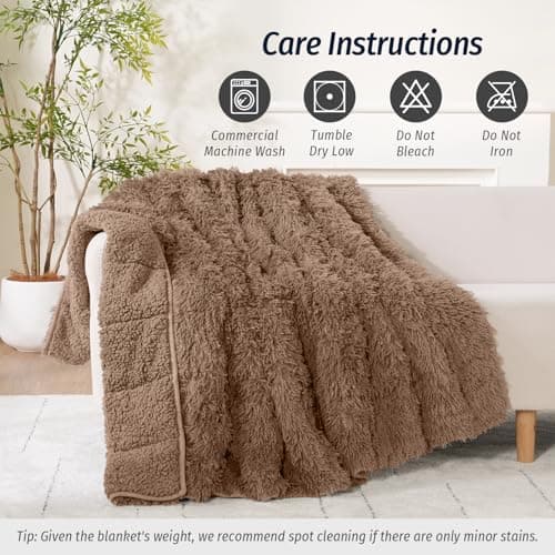 Wemore Shaggy Long Fur Faux Fur Weighted Blanket,Cozy and Fluffy Plush Sherpa Long Hair Blanket for Adult 15lbs,Fluffy Fuzzy Sherpa Reverse Heavy Blanket for Bed,Couch, Brown 60 x 80 Inches 7