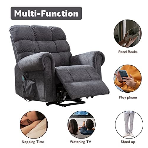 CANMOV Large Power Lift Recliner Chairs with Massage and Heat for Elderly Big People, Heavy Duty Electric Reclining Chairs Overstuffed Wide Recliner with USB Port and Side Pocket, Gray 6