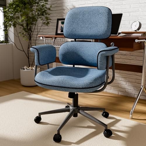 HomeZeer Blue Desk Chair with Wheels and Wide Arms, Soft Granular Linen Fabric Office Chair, Mid Back Vintage Comfy Home Office Desk Chairs with Memory Foam Seat Cushion, Adjustable Height