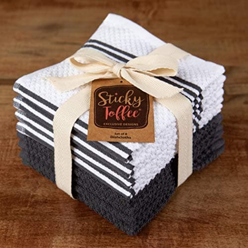 Sticky Toffee Cotton Dishcloths Set of 8 – Gray and White Kitchen Towels 12x12 in, Reusable and Absorbent Tea Towels for Cleaning or Drying, Oeko-Tex Cotton 5