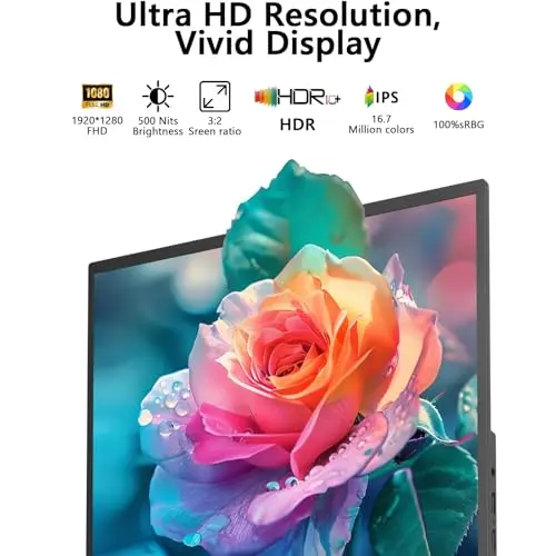 Portable Monitor for Laptop, 10.5" Screen Extender 1920x1280P IPS Travel Monitor 3:2, 500nits, 2000:1, w/45° Adjustable Stand, Standard HDMI USB-C Computer Display for Laptop PC Phone Mac PS4 Xbox 3