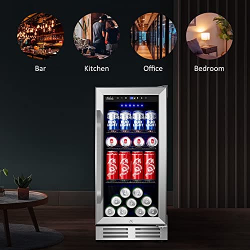 Velieta 15'' Beverage Refrigerator and Beer Fridge Under Counter Built-in or Freestanding,127 Cans Beverage Cooler with Glass Door and Lock for Bottles and Cans Beer/Soda/Water/Wine 6