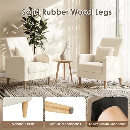 COLAMY Mid-Century Modern Upholstered Accent Chair with Back Pillow & Solid Wood Legs, Fabric Cozy Armchair for Living Room, Bedroom, Reading Nook, Apartment & Small Spaces, Beige 6