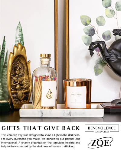 Ceramic Vanity Candle / Perfume Tray Decor with White Marble Finish | Decorative Jewelry Dish for Dresser, Bathroom, 9x4.5x1 inches 6