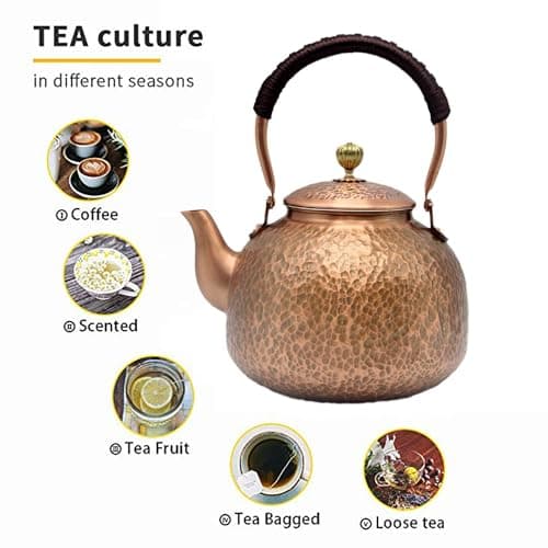 YJX Copper Tea Kettle For Stovetop, Japanese Style Non-Coating Pure Copper Teapot with Stainless Steel Infuser For Loose Tea, Large and Solid Tea Pot For 3-7 Cups (2000ml) 3