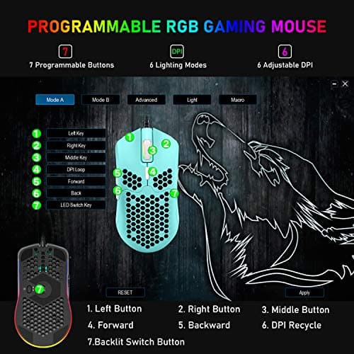 ZIYOU LANG Wired Lightweight Gaming Mouse,6 RGB Backlit Mouse with 7 Buttons Programmable Driver,6400DPI Computer Mouse,Ultralight Honeycomb Shell Ultraweave Cable for PC Gamers,PS4(Green) 5
