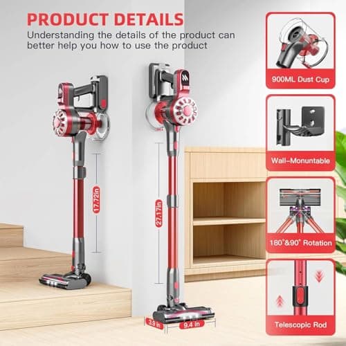 WLOTPO Cordless Vacuum Cleane,Stick Vacuum Cordless Rechargeable with Super Suction,Hardwood Floor Vacuum for Home Pet Hair, Carpets, Tile(Deep Red) 6