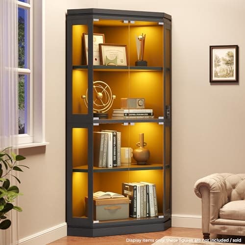 Jocoevol Corner Display Cabinet with Glass Doors, 4-Tier Display Cases for Collectibles with RGB Lights, 67'' Tall Corner Curio Cabinet with Human Body Sensor for Living/Game Room, Black 7