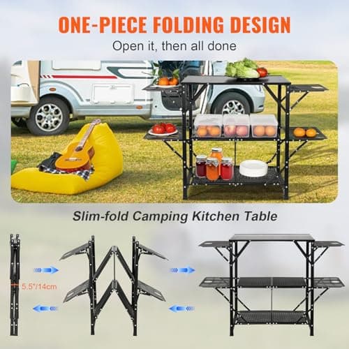 VEVOR Camping Kitchen Table, Aluminum Folding Portable Outdoor Cook Station with 4 Iron Side, 2 Shelves & Carrying Bag, Quick Installation for Picnic BBQ Beach Traveling 6