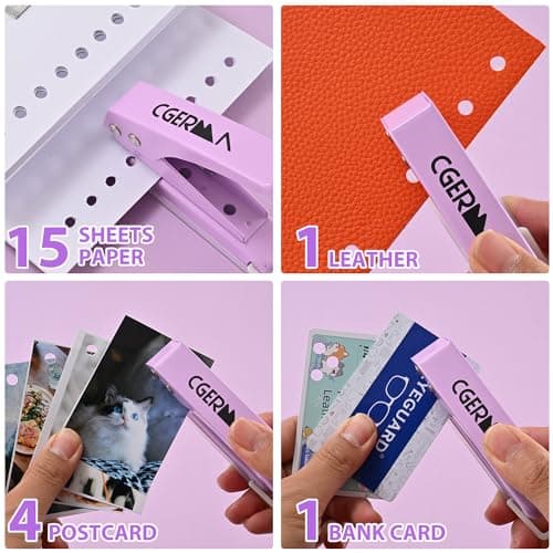 Single Hole Puncher, 1/4" Hole, 50% Labor Savings, Heavy Duty Metal Punch, 15 Sheet Capacity, for ID Cards, Chipboard, Art Project, Crafts Easy Punching, Purple 6