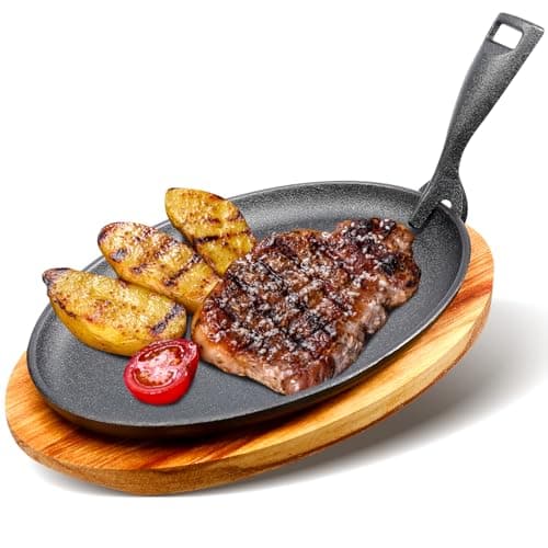FoldTier 1 Set Cast Iron Skillet Set 10.63'' x 6.89'' Fajita Plate Sizzling Pan with Wooden Base Anti Scald Protection Removable Handle for Restaurant Kitchen Cooking Accessory BBQ Party