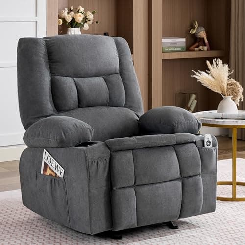 Rocker Recliner Chair with Massage and Heat, Nursery Rocking Chairs for Living Room, Ergonomic Comfy Relining Chair with Cup Holders, USB Charge Port, Side Pockets, Recliner Chair for Adults, Grey