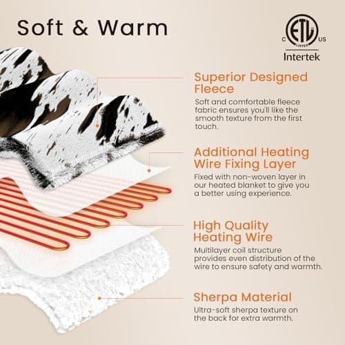 blunique Heated Blanket King Blanket - Fast Heating Electric Blanket, Soft Flannel Heated King with 4 Time Settings,10 Heating Settings, Warm Gifts for Women & Mom & Grandma(90"x100"Cow Print White) 7