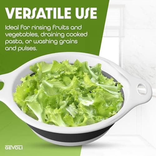 Gevoli Collapsible Colander Strainer, Includes Over-sink Countertop Draining Base (5QT) Large Kitchen Drainer for Vegetables Fruit and Pasta, Round Foldable Draining Basket, Easy Storage (White) 6