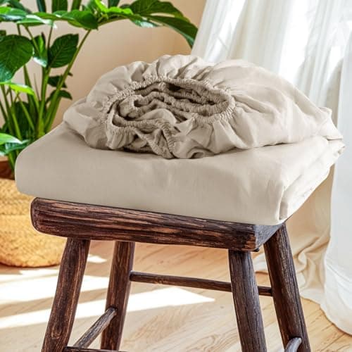 SONORO KATE 100% French Linen Fitted Sheet (1 Piece) - Stone Washed Natural Linen Mattress Cover, 16 Inch Deep Pocket, Ultra Soft, Breathable, Durable for Hot Sleepers (Natural Linen,Queen)
