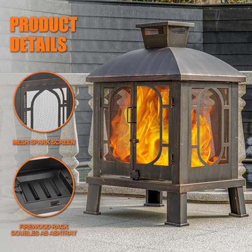 Panovue 45" H×31''W Metal Chiminea Fire Pit with Grill, Wood Burning Fire Pits for Outside,Square Chimineas Fireplace with Mesh Spark Screen Door& Fire Poker for Garden,Yard,BBQ,Bonfire (Black&Gold) 7