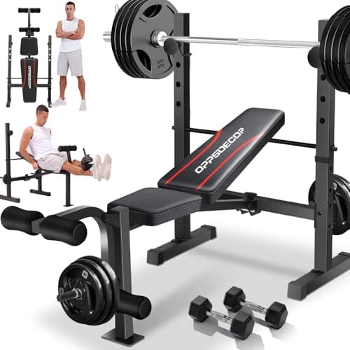 OPPSDECOR Weight Bench, 600LBS Adjustable Bench Press with Squat Rack & Leg Extension, 3 Sec Folding Workout Bench for Full Body Exercise, Incline Decline Flat Weight Benches for Home Gym Exercise