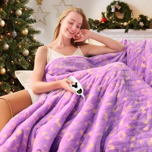 RUJIPO Leopard Print Heated Electric Blanket Twin,62X84 Purple Heating Blanket with 10 Heats Levels & 8 Hours Auto Off,Cute Cheetah Decor Sherpa Blankets Warmer Gifts for Women Couch Office,Washable