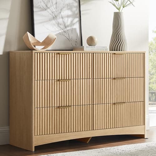 Amada Modern 6 Drawer Dresser, Fluted Wood Chest of Drawers with Rounded Corners, Pre-Installed Drawer Slides, Dresser TV Stand and Storage Organizer for Bedroom, Hallway, Natural Oak
