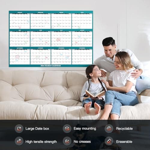 24" x 36" 2024 Wall Calendar Erasable - Rolling Packing - 12 Month Yearly Planner - Wet & Dry Erase Monthly Erasable Calendar January to December Vertical/Horizontal, Erasable & Reusable 6