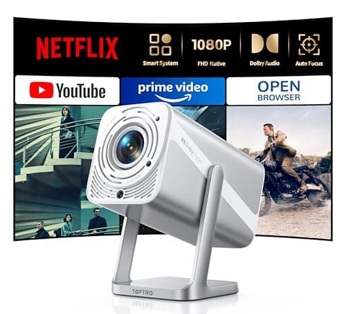 [4K Support/Auto Focus/360°Adjustable Stand]Smart-Projector-4K with WiFi 6 and Bluetooth5.2, Native 1080P Mini Portable Projector, Dolby Audio, TOPTRO Outdoor Movie Proyector Compatible with Netflix