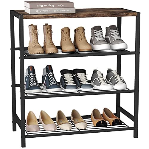 HOMEFORT 4-Tier Shoe Rack Organizer, Shoe Tower for Closet, Shoe Storage Shelf with MDF Top Board, Each Tier Fits 3 Pairs of Shoes, Entryway Shoes Organizer with Sturdy Metal Shelves, Rustic Brown