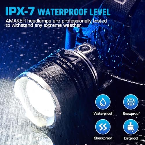 AMAKER LED Headlamp Rechargeable, 9000mAh Long Battery Head Lamp with 12 Modes, IPX7 Waterproof USB Rechargeable Headlight, Zoomable Headlamp for Adults, 90° Adjustable for Camping Hunting Climbing 8