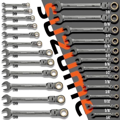 SUZUME 24-Piece Metric and SAE Flex Head Ratcheting Wrench Set 72 Teeth Cr-V Steel Ratcheting Wrench Set with 180° Flex Head Ratchet Wrenches Set For Auto,Machine Repair 6
