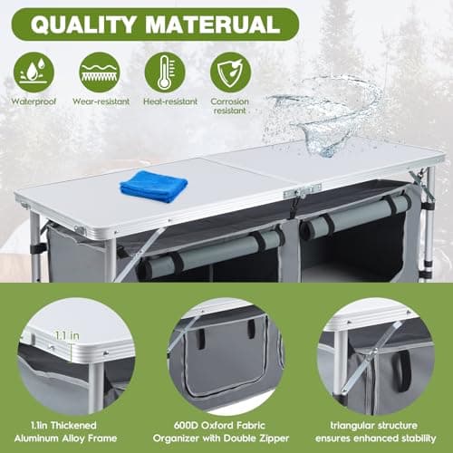 Pnbfhn Outdoor Folding Camping Table with Storage Organizer, Portable Aluminum Composite Panel Lightweight Table, 3 Adjustable Height, for Indoor, BBQ, Party, Picnic, Hiking, Beach 6