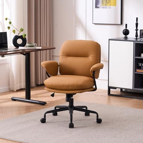 DRKAT Ergonomic Home Office Chairs Leather Office Chair, Comfortable Office Chair with Padded Armrests, Reclining Height Adjustable Comfy Computer Chair with Lumbar Support, Camel
