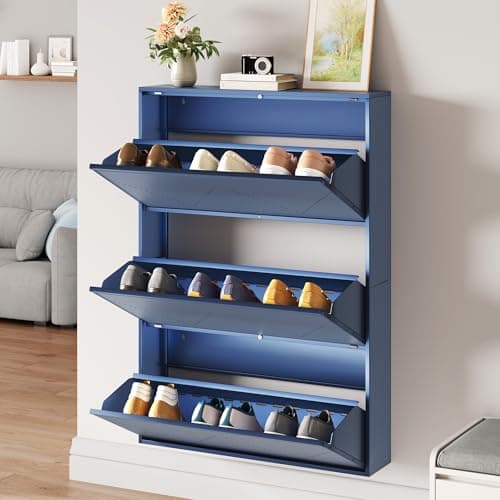 YITAHOME Metal Shoe Cabinet, Wall Mounted Shoe Cabinet with 3 Flip Drawers, Entrance Hidden Slim Shoe Organizer Cabinet, Shoe Rack Storage Cabinet for Entryways, Hallways, Blue