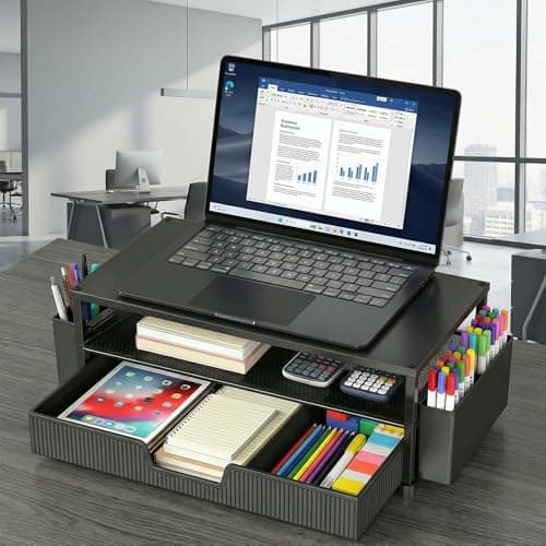 ECOLOVI Desk Organizer and Accessories, 2-Tier Computer Monitor Stand Rise with Storage Drawer & 2 Pen Holders, Laptop & Printer Stand for Desktop, Workspace Organizers for Office Supplies (Black) 5