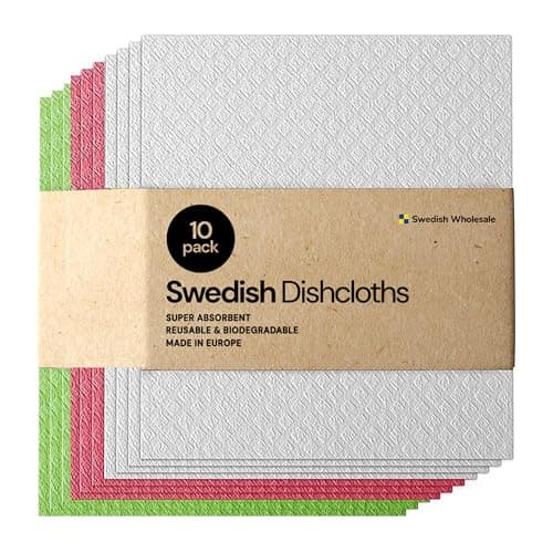 Swedish Wholesale Dishcloths Reusable 8" x 7" Sponge Cloths, Bulk 10 Pack of High Absorbent Cellulose Dish & Kitchen Cleaning Hand Towels, Wring to Dry & Machine Wash, Odor Resistant, Assorted Colors